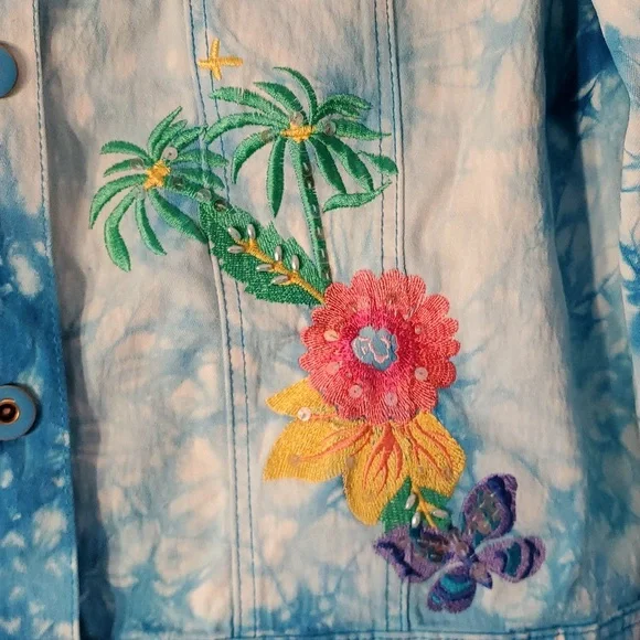 DG2 Diane Gilman Tie-dye Embellished Jean Jacket sz L - Picture 2 of 10
